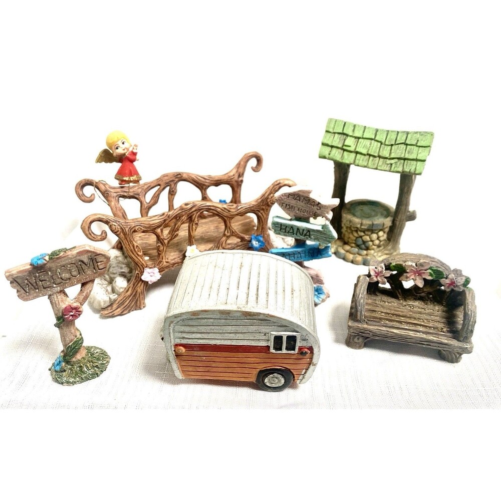 Fairy garden miniatures lot 45+ big small figurines Camper Trees Benches Well